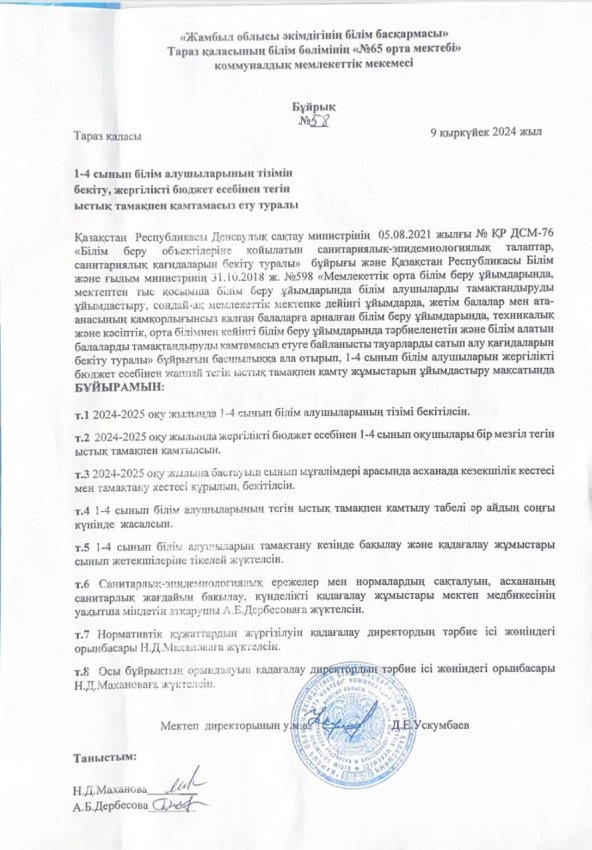 1-4 сынып оқушыларының тізімін бекіту, жергілікті бюджет есебінен тегін ыстық тамақпен қамтамасыз ету туралы