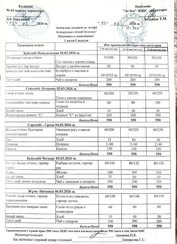 Ас мәзірі 02.03.2026-06.03.2026 жыл